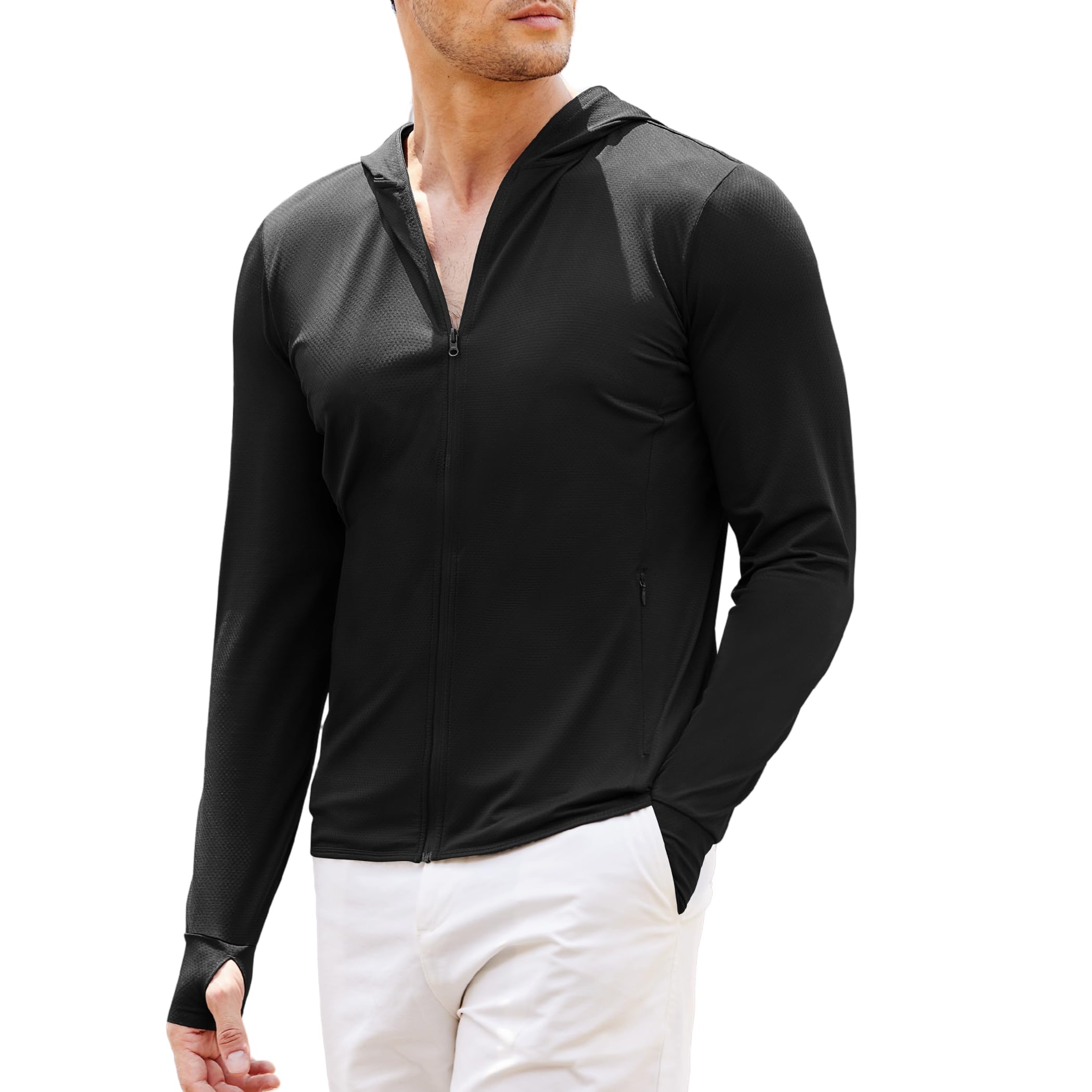 Version 1.0.0 Men’s UPF 50 Sun Protection Hoodie,Black - 图片 1